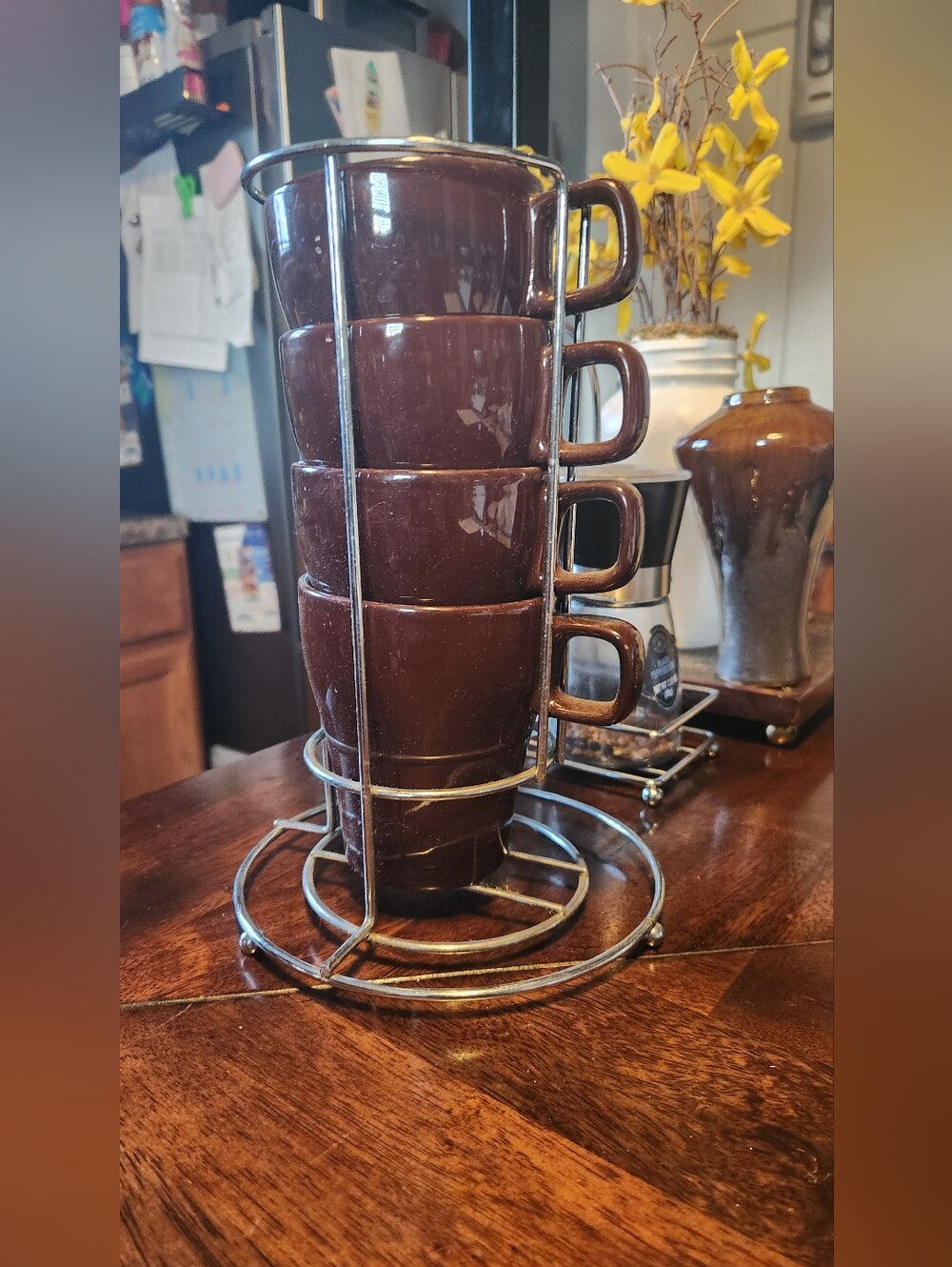 Pier 1 Imports BROWN Stacking Stoneware Coffee Mugs Cups ~ Metal Holder ~ Set 4